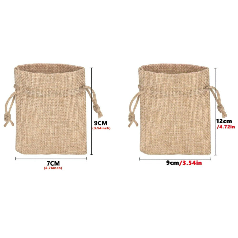 Natural Jute Drawstring Gift Bags, 50-Piece Set in 2.76 x 3.54 or 3.54 x 4.72 Inch Sizes for Favors and Small Gifts