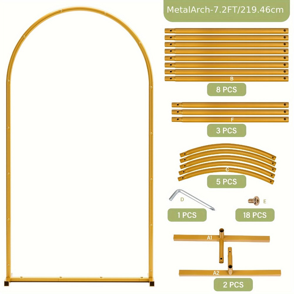 Three-Piece Gold Metal Arch Backdrop Set with 7.2FT, 6.6FT and 6FT Frames plus Seven Balloon Clips