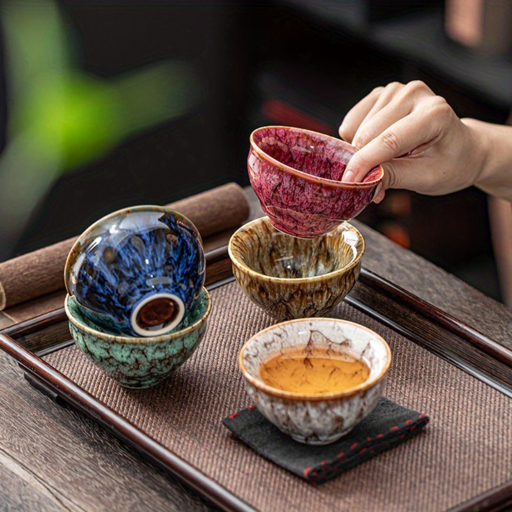 Jianzhan Ceramic Tea Cups Set of 5 – Handmade Kiln-Changed Glazed Kung Fu Teacups, Traditional Chinese Porcelain, Unique Gift for Home Office Business