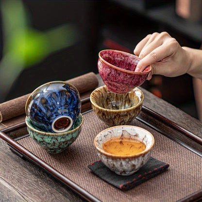Jianzhan Ceramic Tea Cups Set of 5 – Handmade Kiln-Changed Glazed Kung Fu Teacups, Traditional Chinese Porcelain, Unique Gift for Home Office Business
