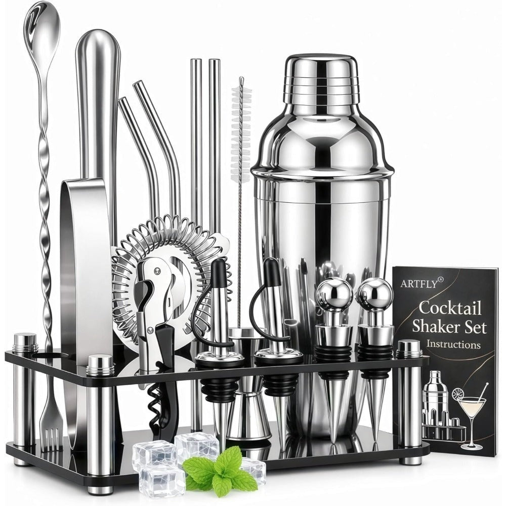 Bartender Kit 18-Piece with Acrylic Stand, 18/8 Stainless Steel Bar Set, Martini Shaker, Jigger, Muddler & Recipe Book