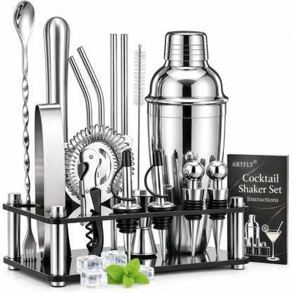 Bartender Kit 18-Piece with Acrylic Stand, 18/8 Stainless Steel Bar Set, Martini Shaker, Jigger, Muddler & Recipe Book
