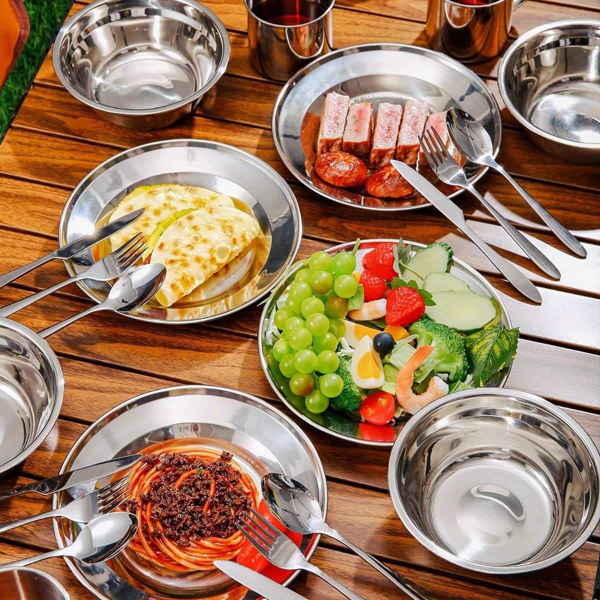 Stainless Steel Camping Mess Kit 29 Piece Dinnerware Set - Plates Bowls Mugs Cutlery, for Camping, Travel and Outdoor Use