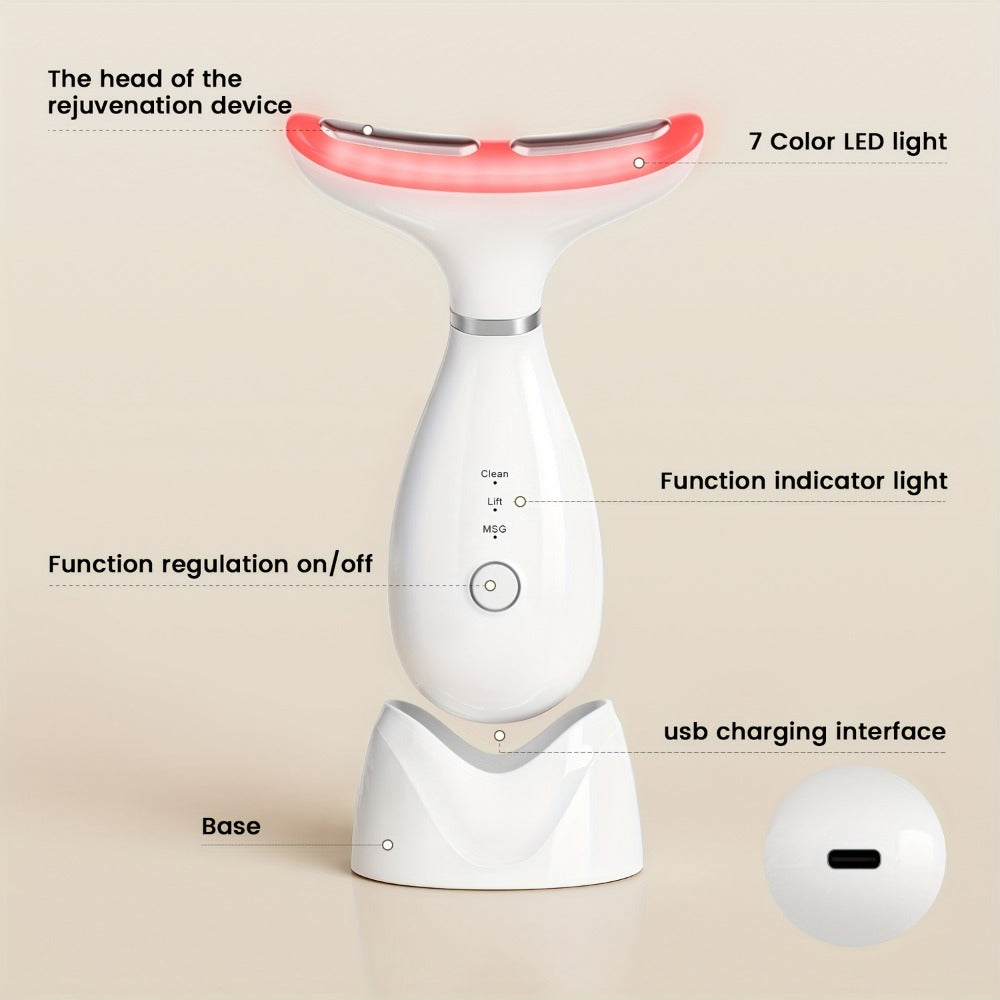 LED Neck Massager 7-Color Light Therapy Vibrating Face & Neck Skin Tightening Device — USB Rechargeable Portable Electric Facial Massage Tool Anti-Aging Beauty Gift