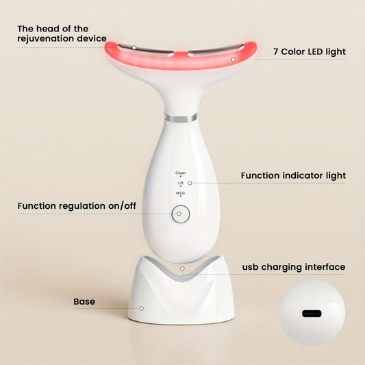 LED Neck Massager 7-Color Light Therapy Vibrating Face & Neck Skin Tightening Device — USB Rechargeable Portable Electric Facial Massage Tool Anti-Aging Beauty Gift