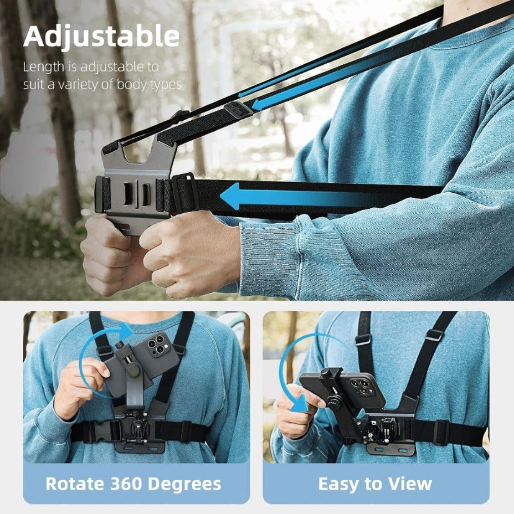 Adjustable Chest Camera Mount Harness with Six Black Checkout Styles and One-Size Strap Configuration
