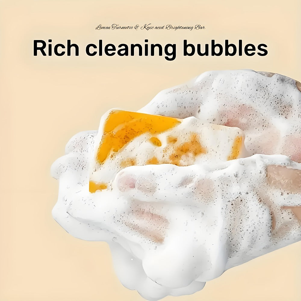 Turmeric and Kojic Acid Bar Soap, Four-Piece Orange Bar Set with Included White Foaming Mesh Net