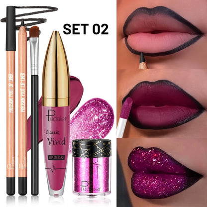 Metallic Glitter Lip Kit 4-Piece – Sparkling Lip Liner, High-Shine Lip Gloss, Chunky Glitter & Lip Brush Combo for Party, Festival, Rave & Holiday Makeup, Gift for Women
