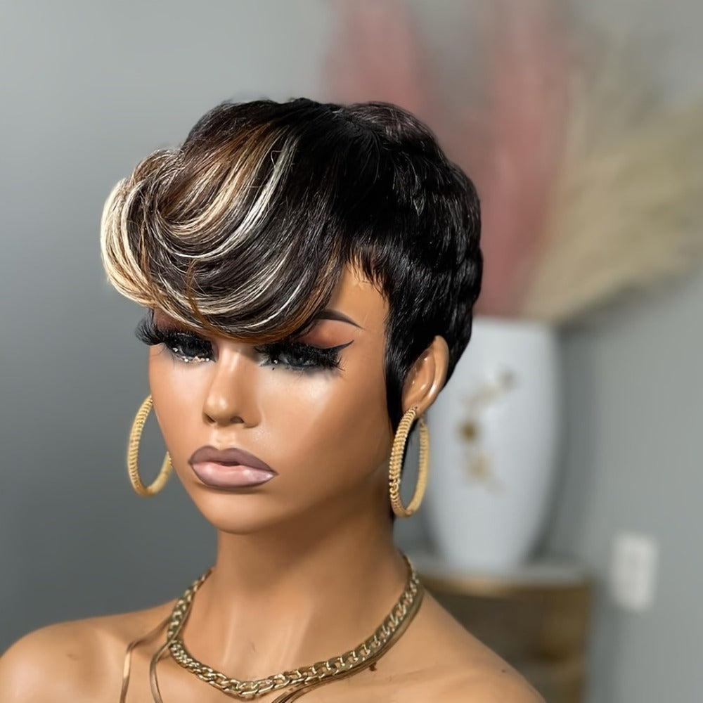 Short Pixie Cut Wig with Bangs Black Blonde Layered 4 Inch Rose Net Cap | Brown Blonde Mix Synthetic Wig for Black Women Daily Wear Office Party
