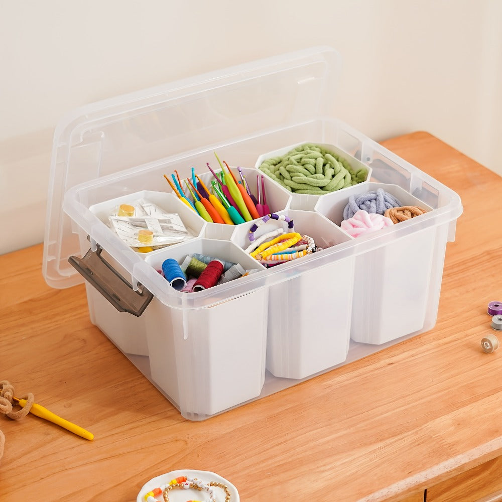 17-Quart Clear Storage Box with Six Removable Insert Bins, Latching Lid and Side Carry Handles