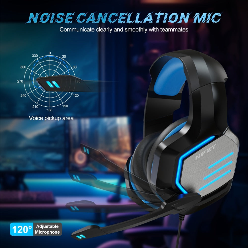 NPET Gaming Headset PS4 PS5 Xbox One PC Noise Cancelling Mic Stereo Over-Ear Headphones Blue LED Bass Surround Sound Soft Memory Earmuffs Wired 1-Pack 2-Pack Bundle