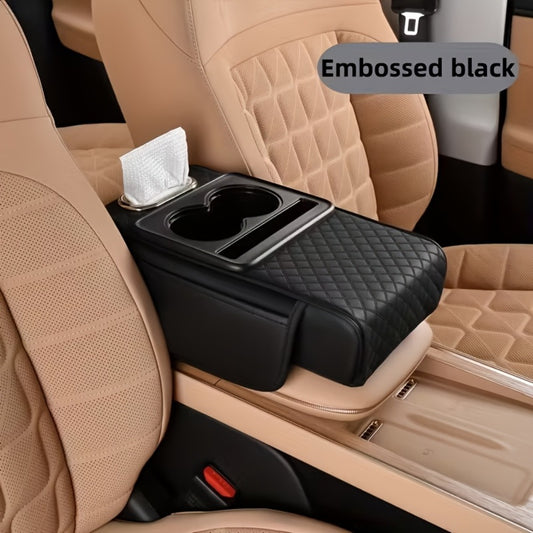 Car Armrest Box Cover PU Leather Center Console Mat – 2 Side Pockets 2 Cup Holders Tissue Storage, Universal Fit Most Car Models, Multi-Function Interior Organizer for Women