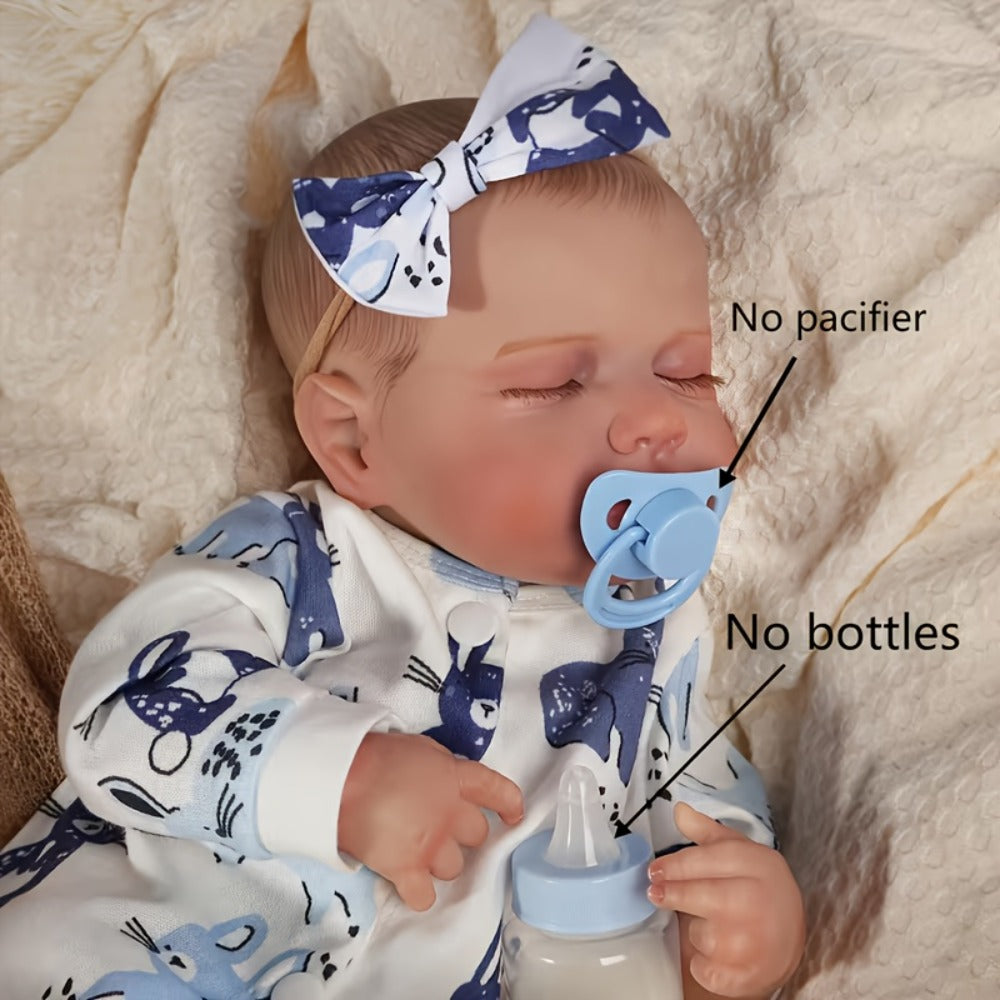 18-Inch Baby Doll in Blue-Print Outfit with Sleeping or Open-Eye Face Options and No Bottle or Pacifier
