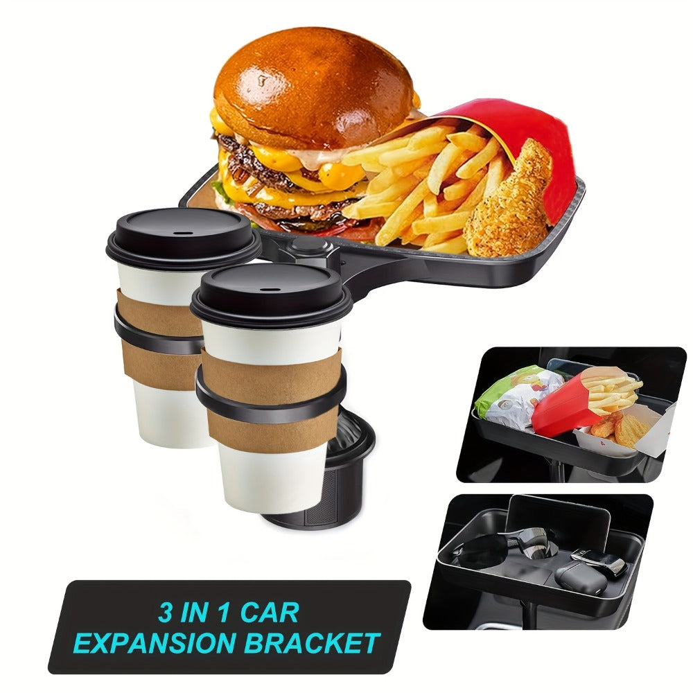 Rotating Car Cup Holder Expander with Dual Drink Rings, 4.3 x 6 Inch Tray, Adjustable Base and Black Finish