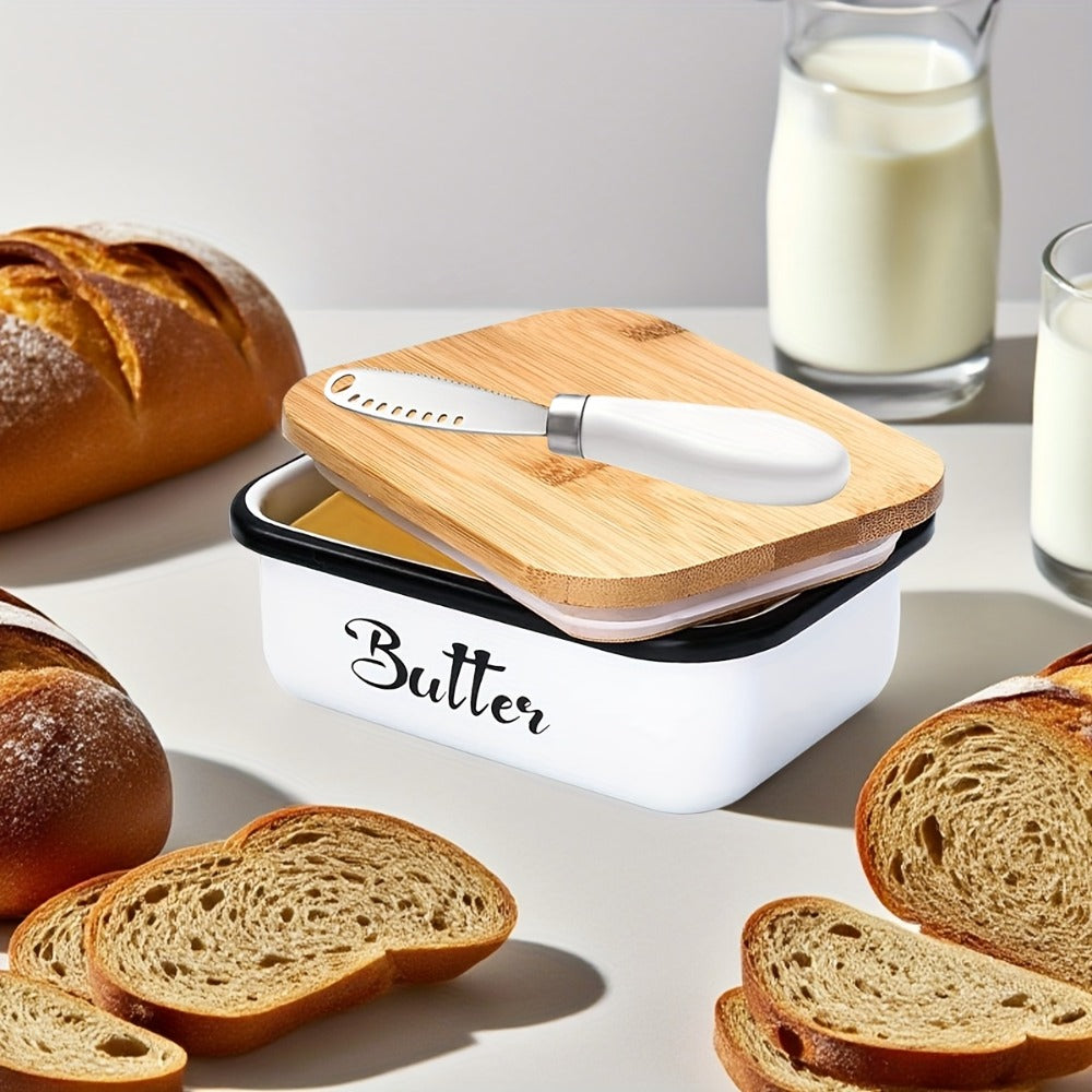 Black, Grey or Green Metal Butter Dish with Bamboo Lid, White-Handle Knife and 15.6 x 10.9 x 6 cm Size