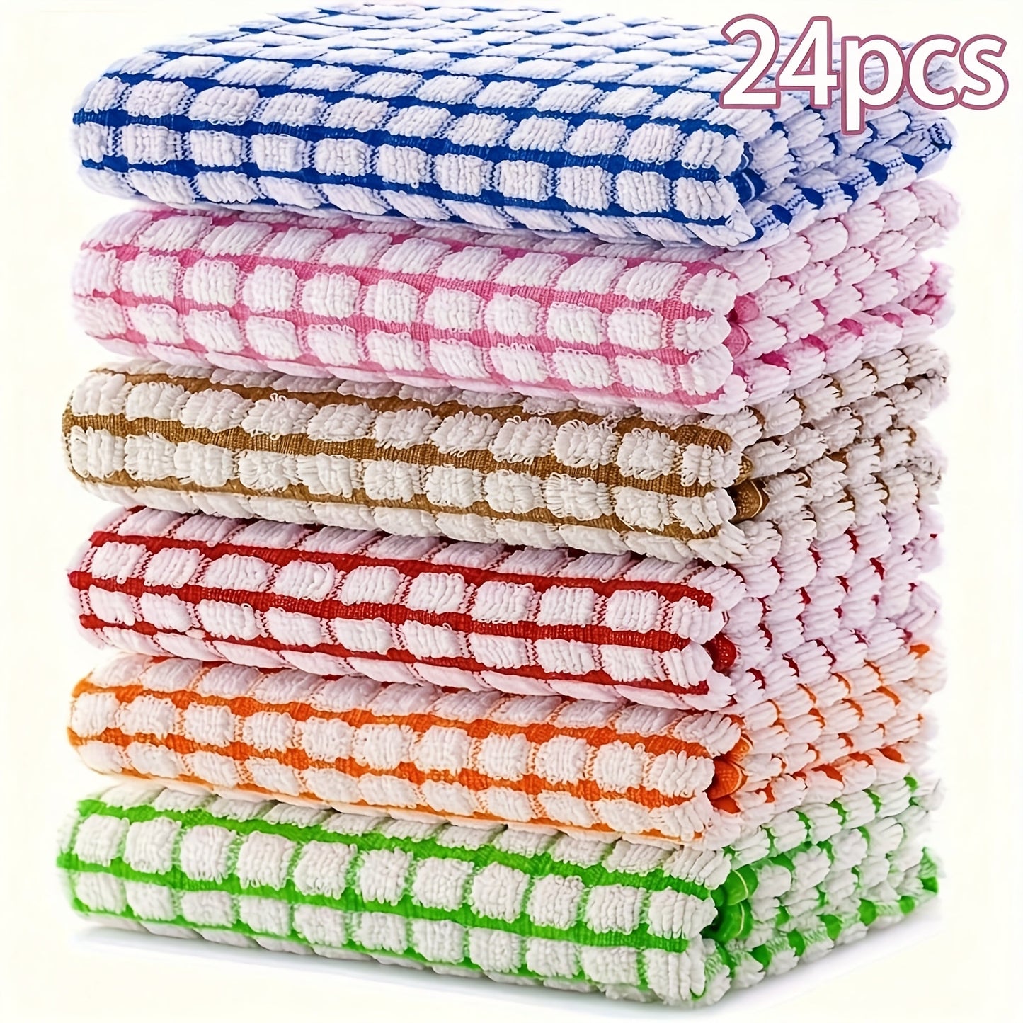 Checked Polyester Cleaning Cloth Set in Eight- or Twenty-Four-Piece Packs with Six Assorted Colors