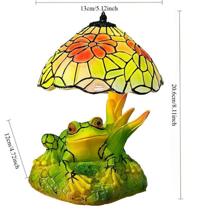 Table Lamp with 3D Frog Base, Floral Art-Glass Shade and Single Corded Decorative Design for Bedside Decor