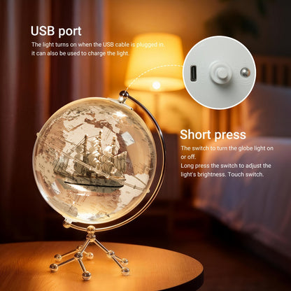 Illuminated Clear Acrylic Sailing Ship Globe Lamp, 7.87-Inch Sphere with Warm Light and Metal-Look Stand