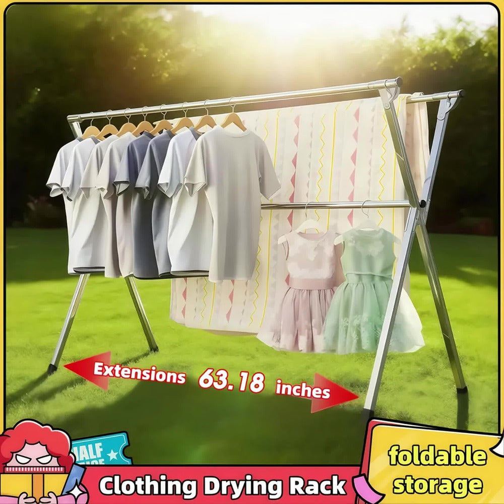 Clothes Drying Rack Foldable Heavy Duty - Upgraded X-Frame Collapsible Laundry Drying Rack for Indoor Outdoor Use, Adjustable Metal Clothesline Stand for Clothes, Blankets, Bedding, Sweaters