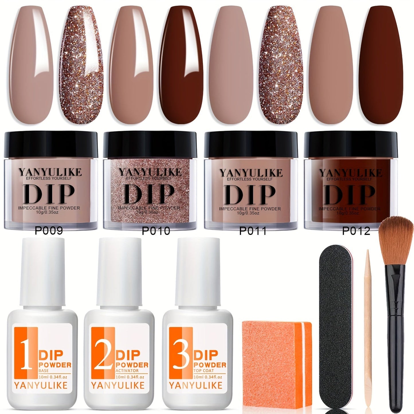 Dip Powder Nail Kit with YANYILIKE Label, Four Pink Brown Beige Powders, Three 10ml Liquids and Four Tools