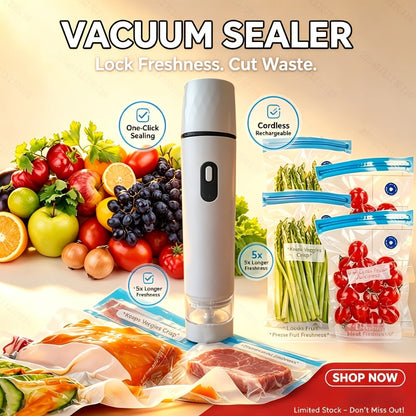 Handheld Vacuum Sealer with USB Cable and 15- or 30-Bag Storage Kit for Compact Kitchen Use