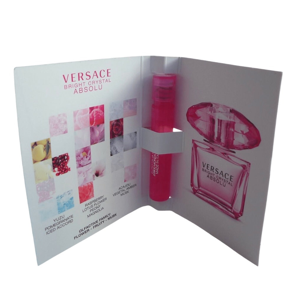 Versace Bright Crystal Absolu Eau de Parfum Mini Spray Vial, 1ml with 0.03 fl oz Pink Sample Card