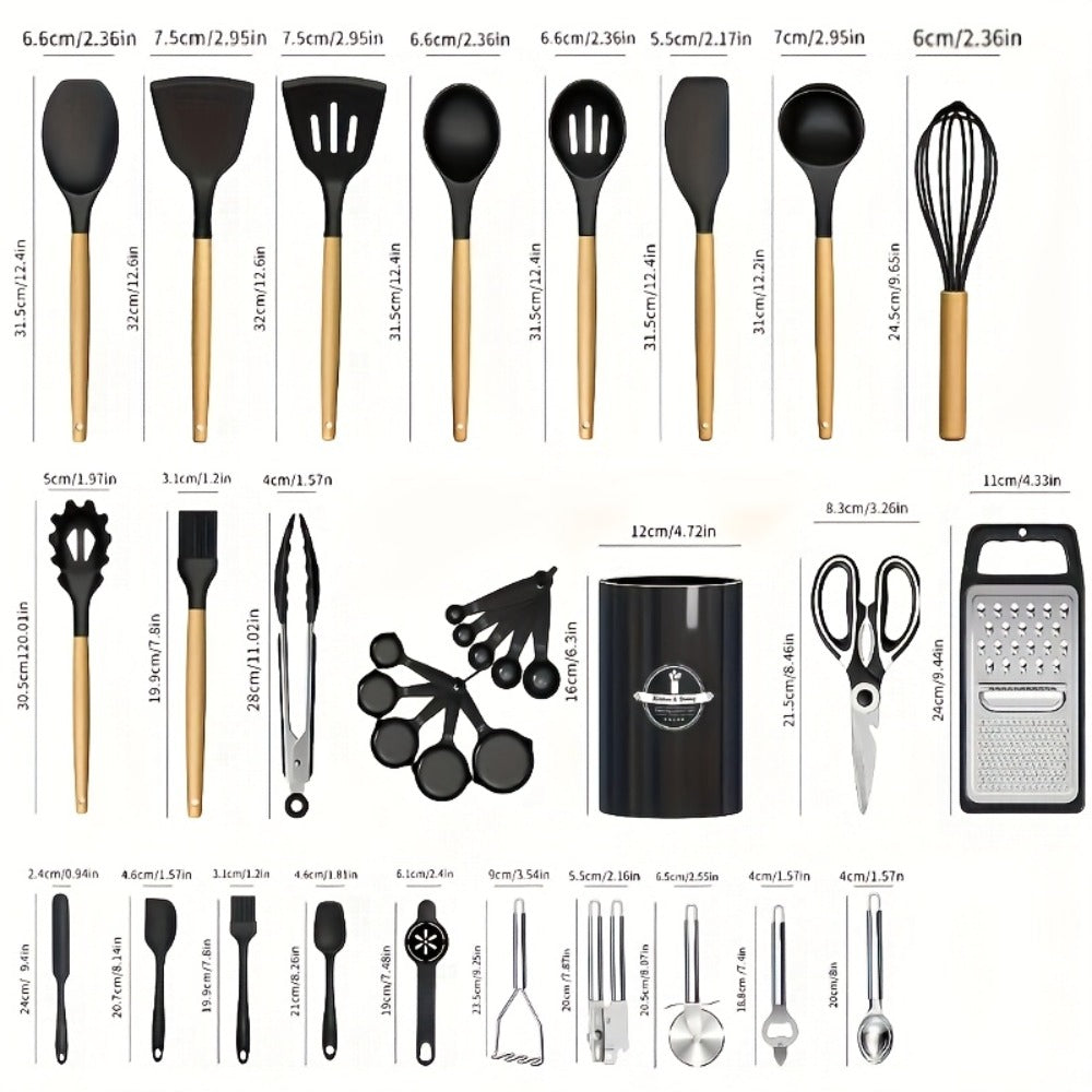 35- or 36-Piece Silicone Kitchen Utensil Set with Holder in Black, Pink or Red, with Optional Glass Cup