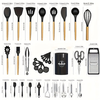 35- or 36-Piece Silicone Kitchen Utensil Set with Holder in Black, Pink or Red, with Optional Glass Cup