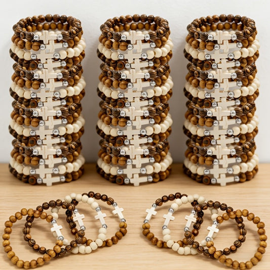 Cross Bracelets Bulk for Baptism Party Favors – 20/40PCS Vintage Ethnic Alloy Cross Pendant Woven Elastic Bracelets, Assorted Colors Christian Religious Jewelry Gifts for Kids Adults