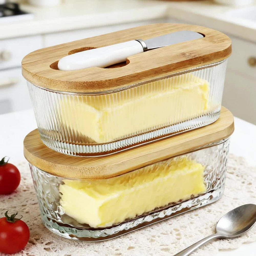 280 ml Ribbed Glass Butter Dish with Bamboo Lid, White-Handle Knife and Stripe-Pattern Checkout Option