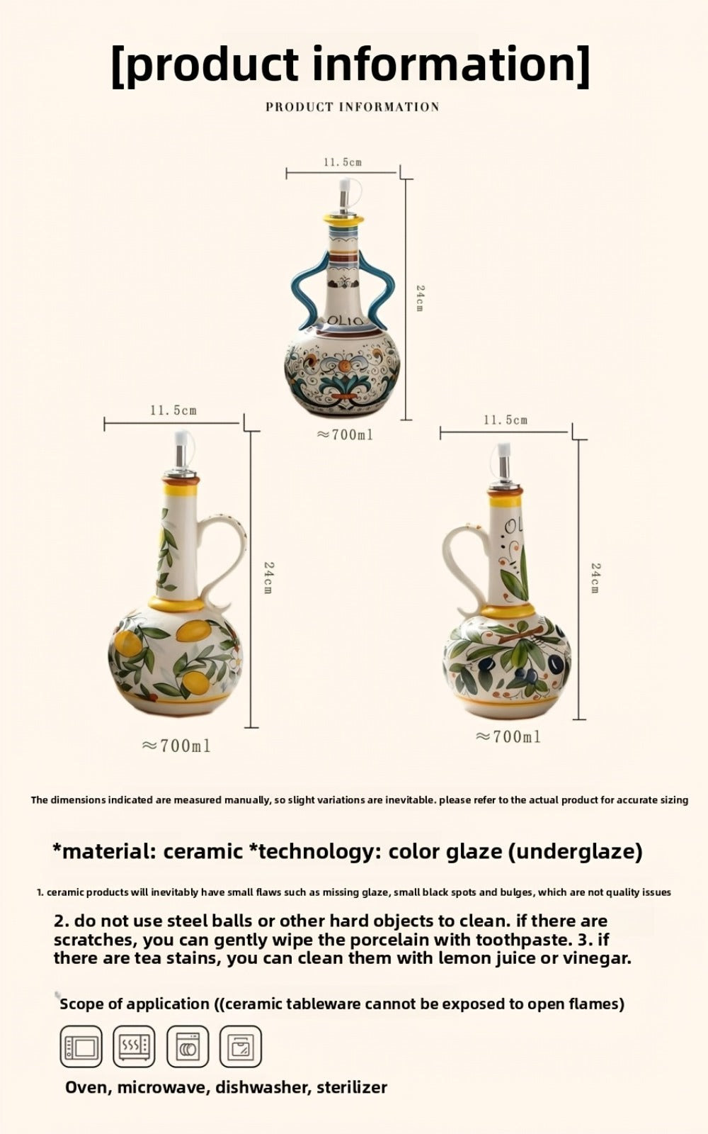 Ceramic Oil and Vinegar Dispenser Set Hand-Painted Underglaze Anti-Drip Leak-Proof Kitchen for Home Cooking, Dining and Outdoor Meals