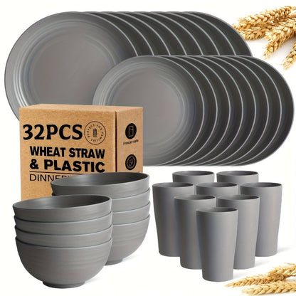 Wheat Straw Dinnerware Set 16 or 32 Piece – Plates & Bowls for 4 or 8 People, Microwave & Dishwasher Safe Plastic Dish Set, Lightweight Colorful Tableware for Home, Party & Holiday