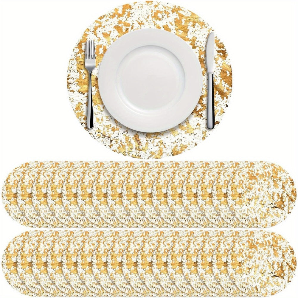 Round Golden Foil Placemats in 50- or 100-Piece Sets with 11-Inch Mesh Design for Party Tables