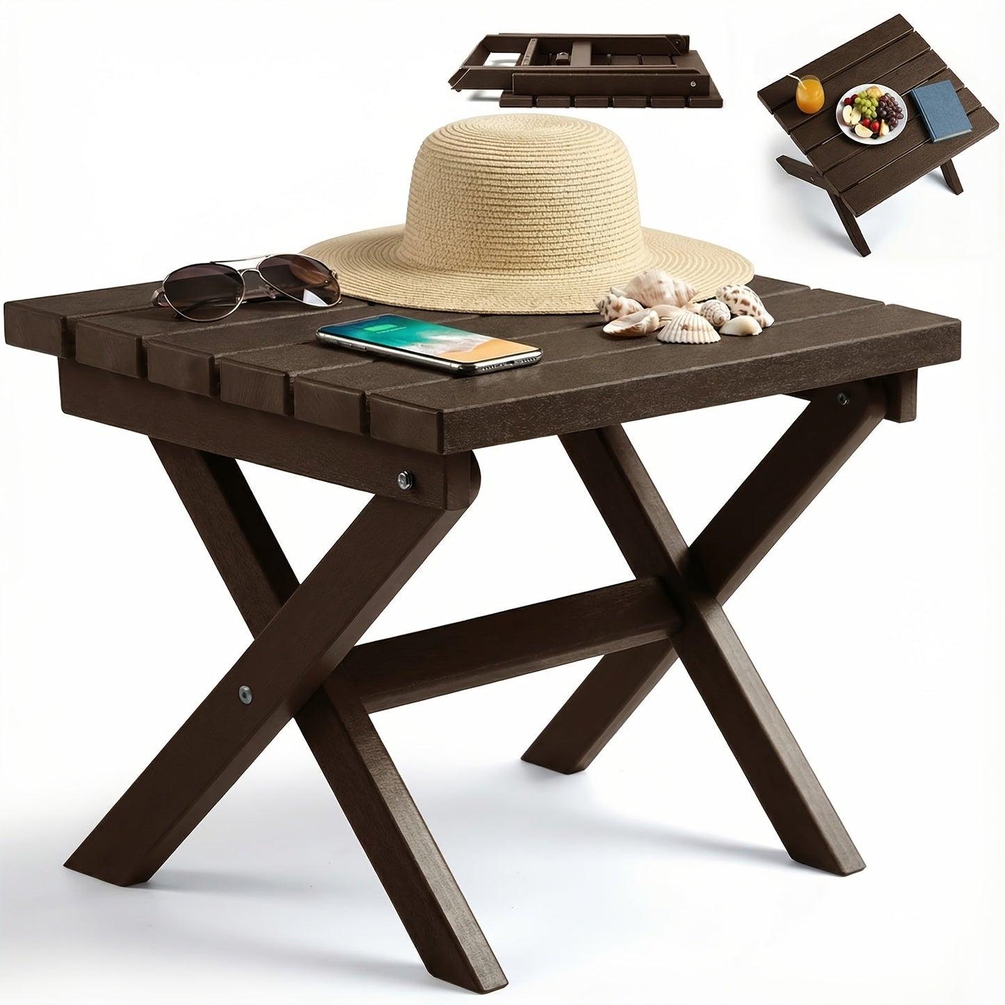 Collapsible Outdoor Side Table with Slatted Square Top and X-Frame in Brown, Gray, Blue, White or Black