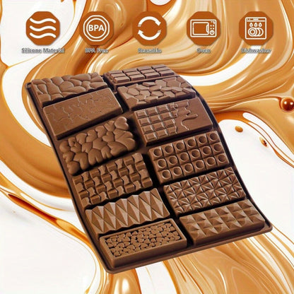 Three-Pack 12-Cavity Silicone Chocolate Bar Mold Set with Scraper for Candy, Wax Melts and Soap
