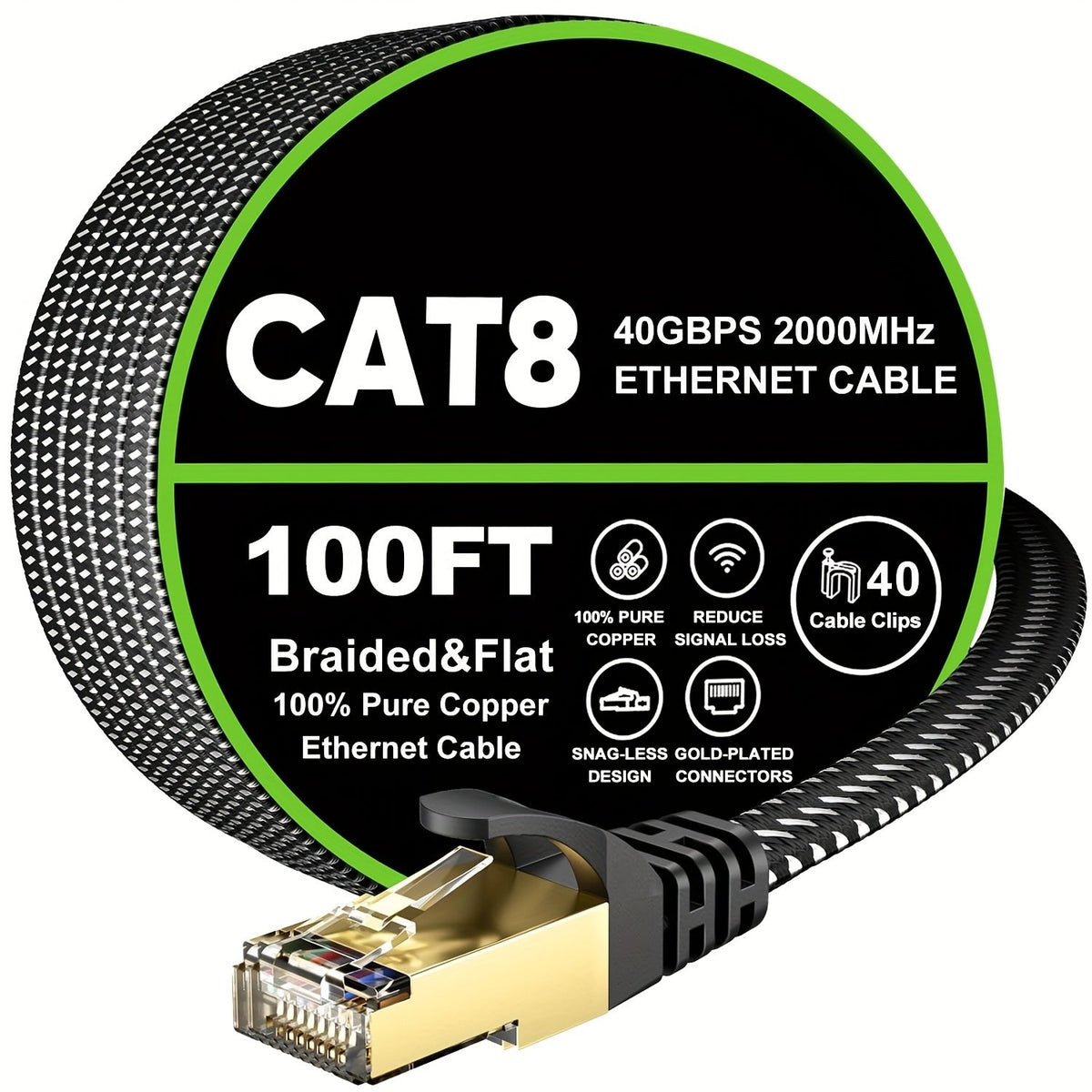 Cat 8 Ethernet Cable 100ft Flat Braided, 40Gbps 2000MHz High Speed Internet Cord for an Everyday Personal Care Routine