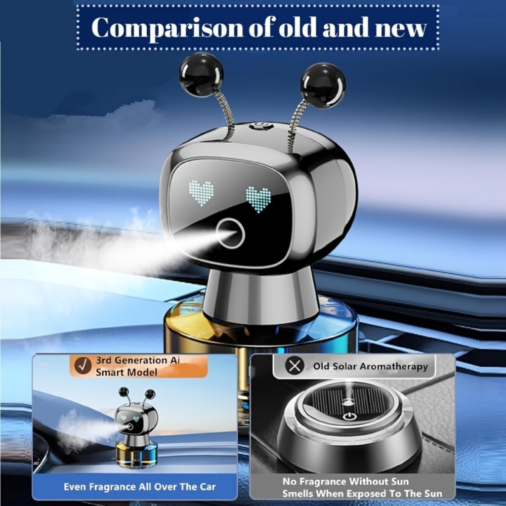 Car Air Freshener Auto Spray Robot Design USB Rechargeable – AI Expression Display, 4-Level Fragrance Control, Vent Clip Diffuser | 4 Colors & Scents | Gift for Car Lovers Men Women