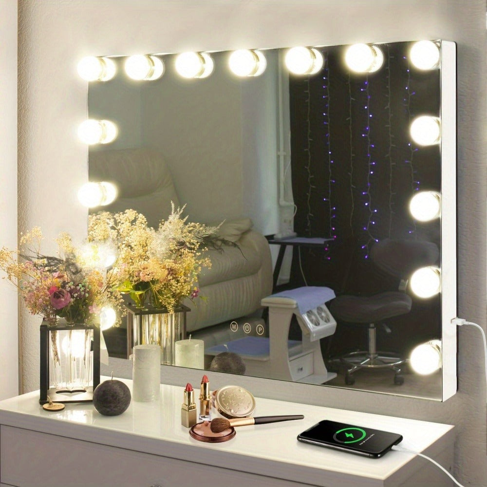 Lighted Vanity Mirror with 15 LED Bulbs - Hollywood Makeup Mirror 23x19 Inch, 3 Color Dimmable Lighting, Wall Mounted or Tabletop, USB Port, Brightness Memory, White, Large Professional Beauty Mirror