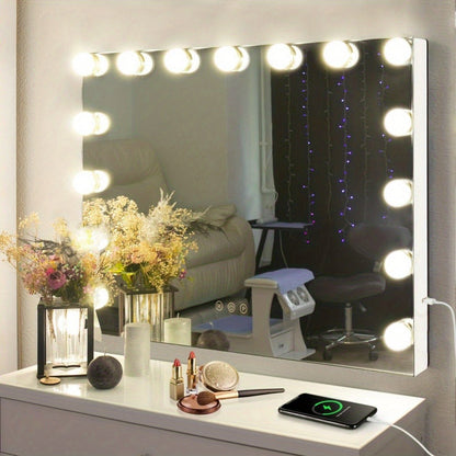 Lighted Vanity Mirror with 15 LED Bulbs - Hollywood Makeup Mirror 23x19 Inch, 3 Color Dimmable Lighting, Wall Mounted or Tabletop, USB Port, Brightness Memory, White, Large Professional Beauty Mirror