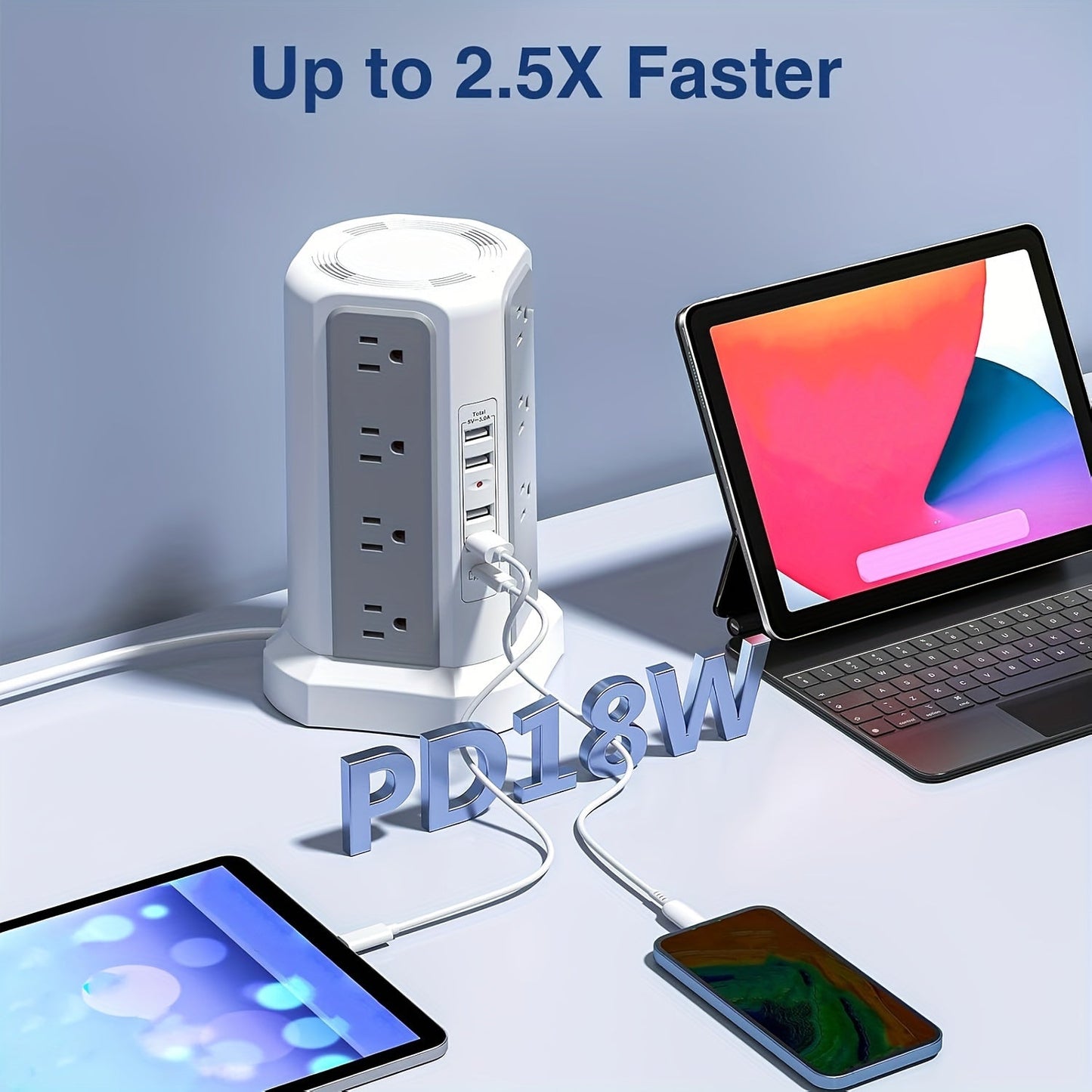 Surge Protector Power Strip Tower 17-in-1 with 12 AC Outlets, 4 USB-A, USB-C PD 18W and Four Group Switches