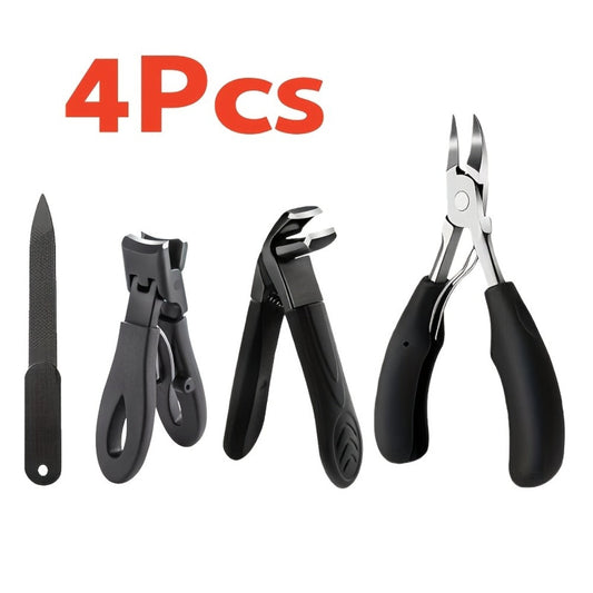 Nail Scissors Set 4pcs for Elderly & Seniors — Extended Handle Curved Blade Anti-Splash Manicure Pedicure Kit, Heavy Duty Professional Home Nail Care with Nail File for Limited Mobility Arthritis