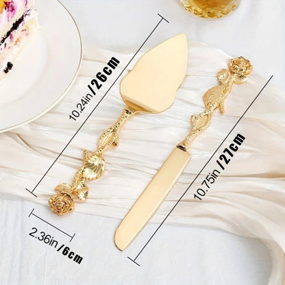 Cake Knife and Spatula Set with Rose Handle – Silver-Plated Dessert Server Gift Box Set for Wedding, Birthday & Party