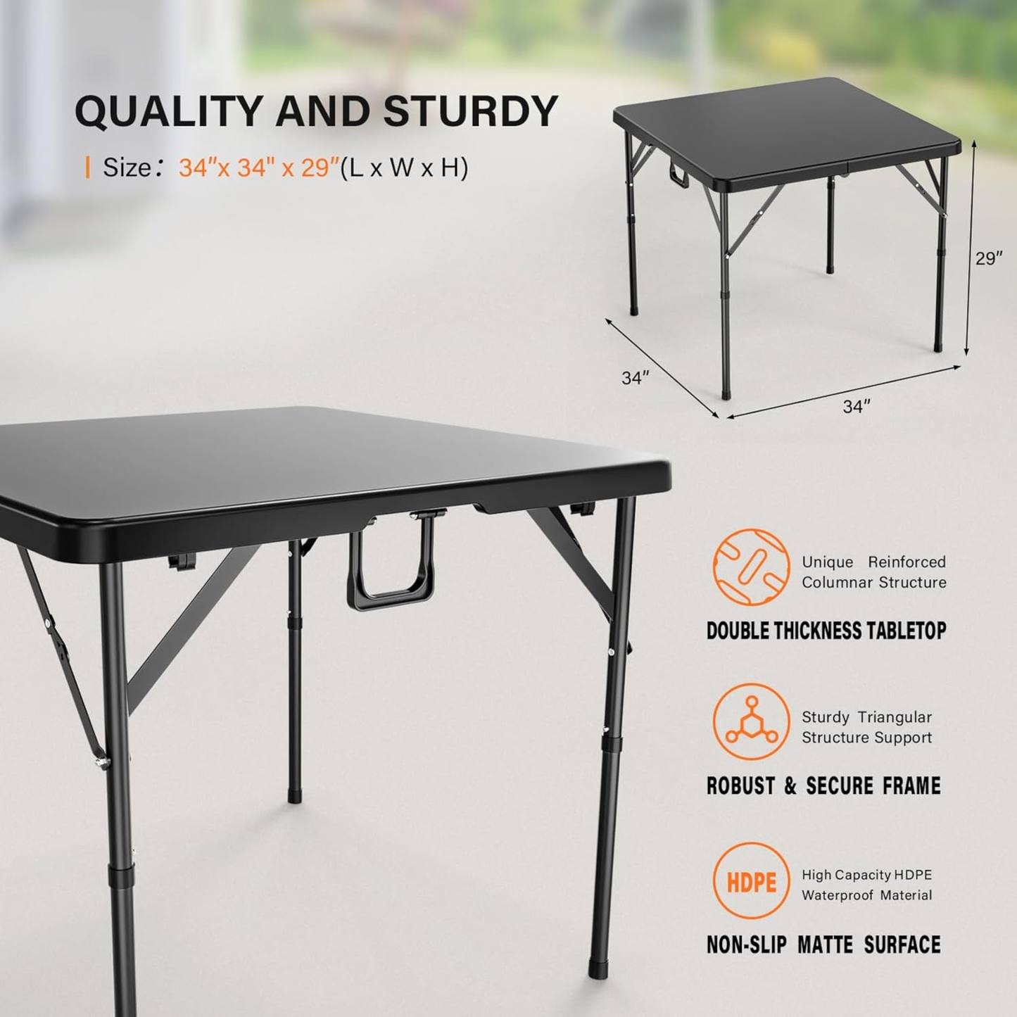 Portable Square Bi-Fold Table with Carry Handle in Black or White, Approximately 34 Inches Wide
