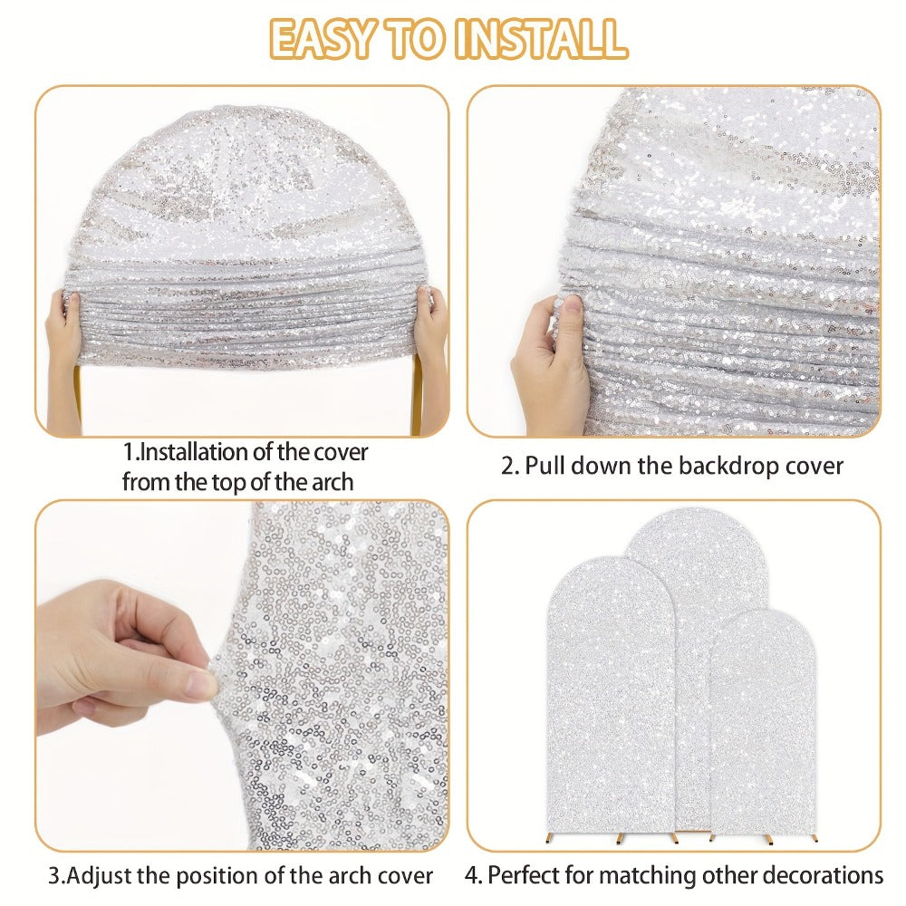 Glitter Sequin Wedding Arch Covers, Two-Piece 6 ft and 7.2 ft Spandex Backdrop Set in Eight Colors
