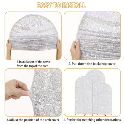 Glitter Sequin Wedding Arch Covers, Two-Piece 6 ft and 7.2 ft Spandex Backdrop Set in Eight Colors