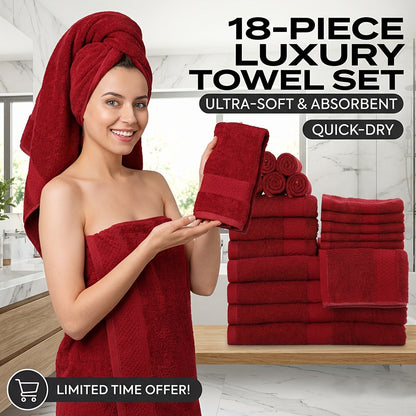 Towel Set 12, 16 or 18 Piece 450GSM Cotton-Blend Bath, Hand and Face Towels in Multiple Colors