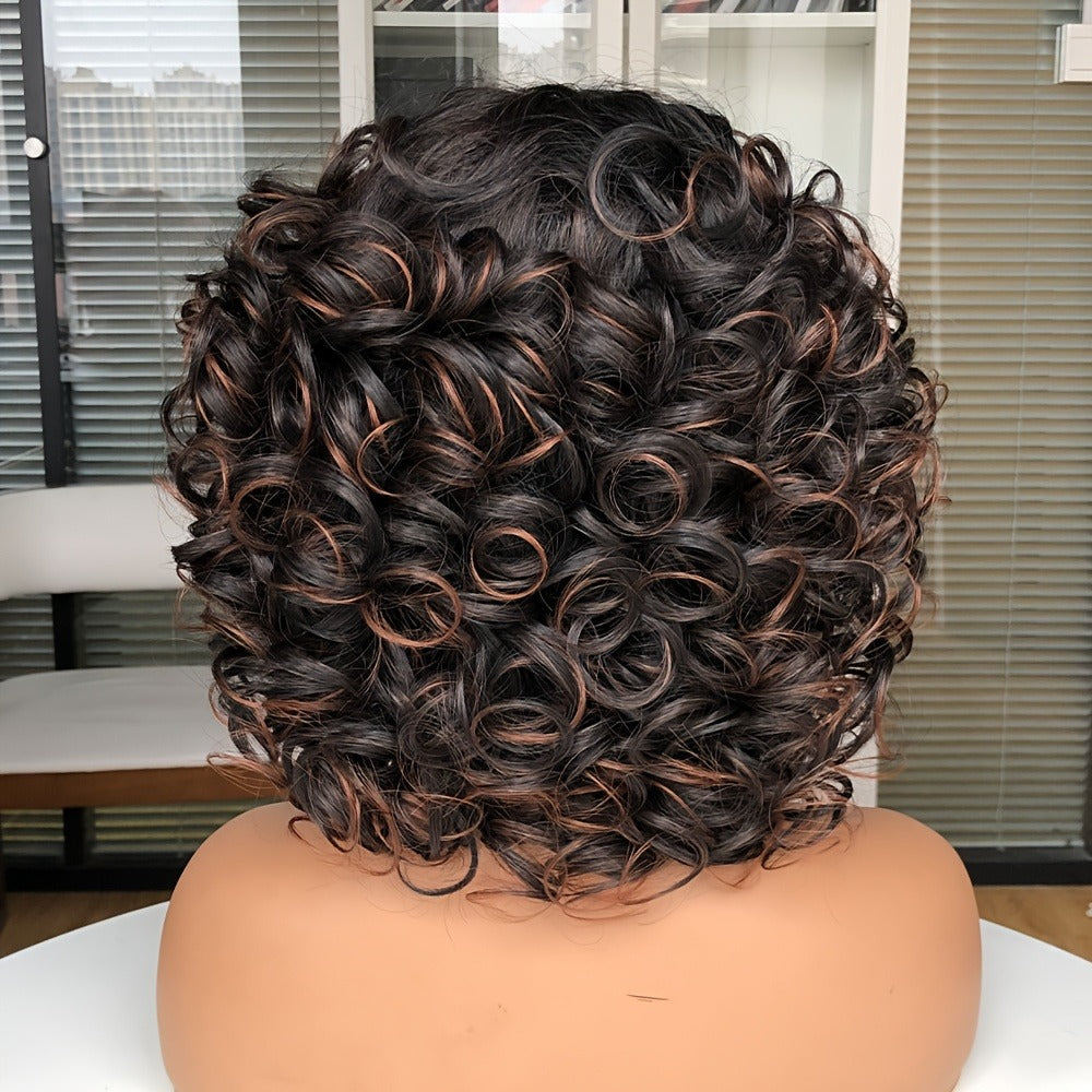 Synthetic Wig 14-Inch Jerry Curls with Wispy Bangs and 13x1 Lace Front in Three Colors for Daily Styling