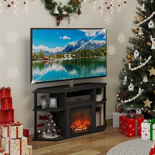 Corner TV Stand with Electric Fireplace, 55" Entertainment Center with Open Storage Shelves & Decorative Plastic Poles, Corner Fireplace Media Console, Americano/Black