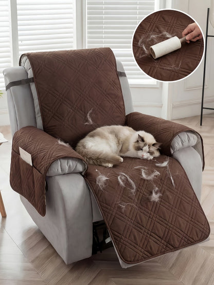 Quilted One-Piece Recliner Chair Cover with Side Pocket, Back Strap and Six Solid Color Options