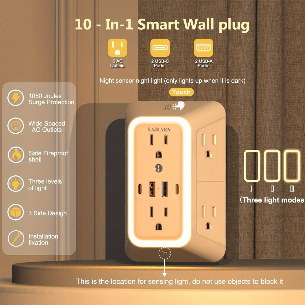 3-Sided Wall Outlet Extender 10-in-1 with 6 AC Outlets & 4 USB Ports (2 USB-A & 2 USB-C), 1050J Surge Protector Multi-Plug Adapter for Home, Travel, Office & College